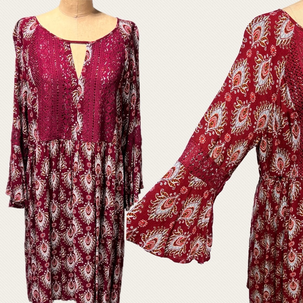 Prairie peasant style boho top blouse long tunic bell sleeve crochet lace floral
